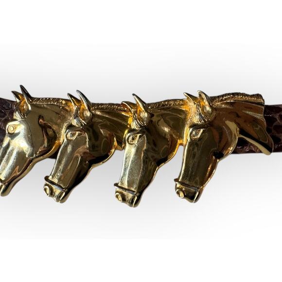 Vtg Alexis Kirk Belt Four Horse Head Gold Tone Buckle Brown Snake Leather 1980s main image 9
